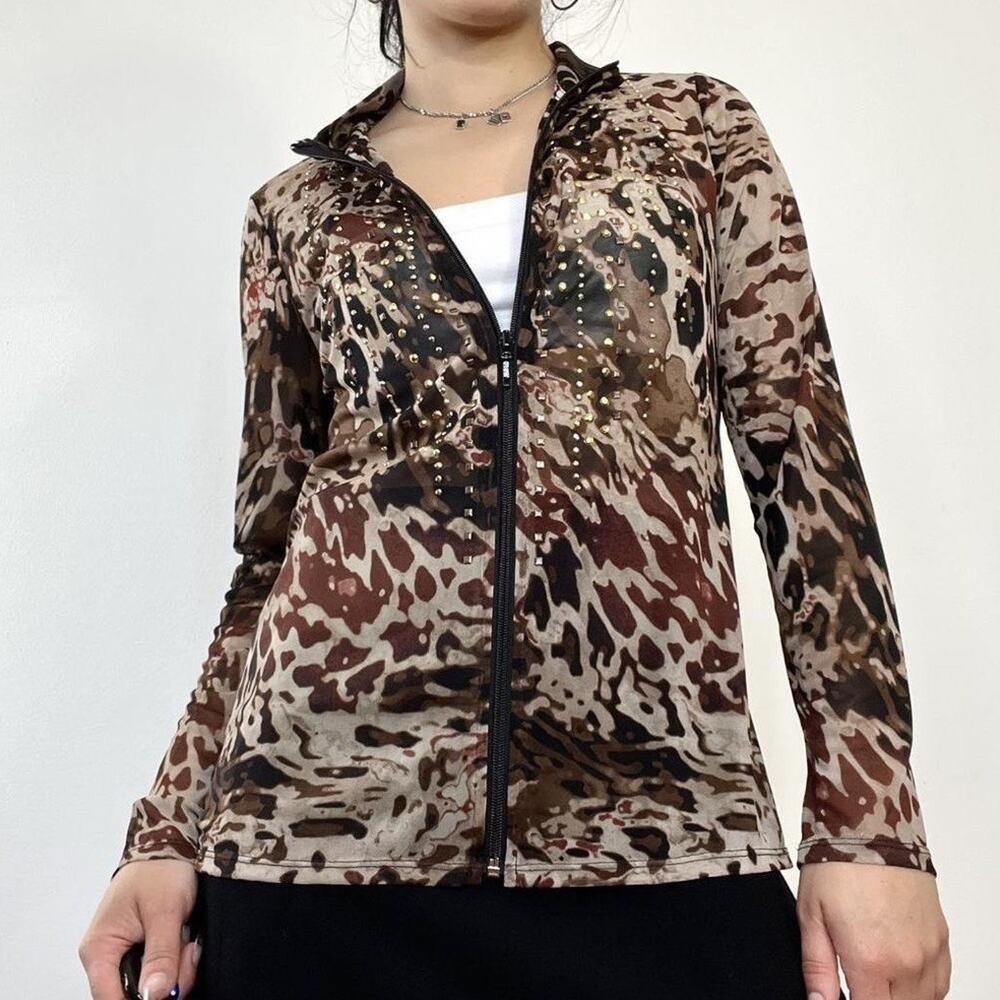 Chicos Travelers 0 US S 4 Jacket Brown Mesh Sheer Embellished Zip Front Stretch